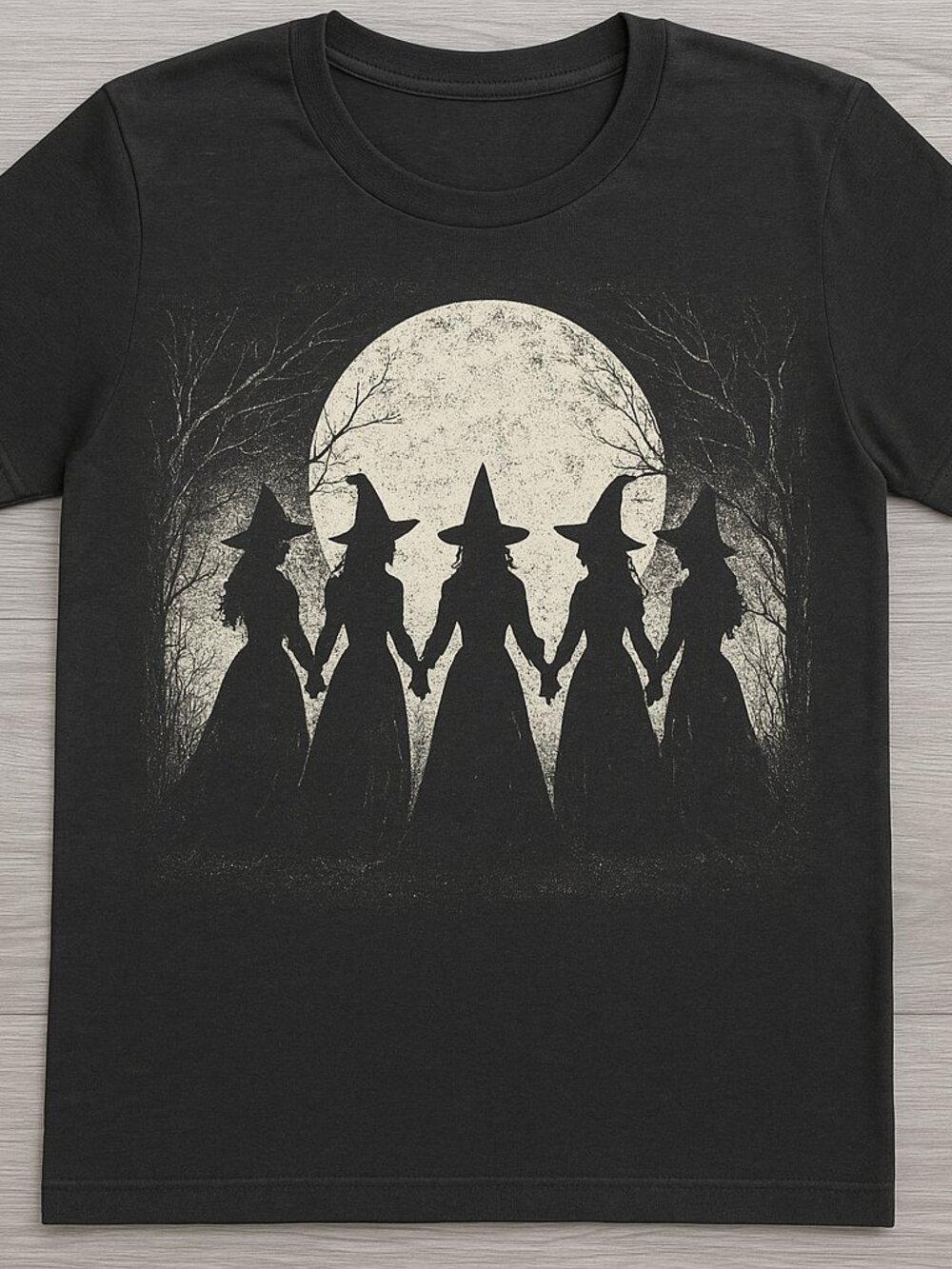 Witches Coven Full Moon Forest Vintage Halloween Graphic Tee Black